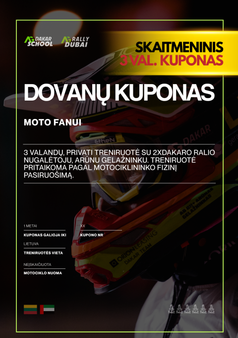 #AGDAKARSCHOOL virtualus dovanų kuponas motociklų fanui (motocross, enduro, road-book, rally pamokos)