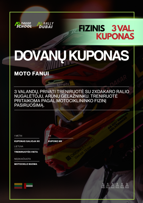 #AGDAKARSCHOOL fizinis dovanų kuponas moto fanui (enduro, motocross, road-book, rally raid pamokos)