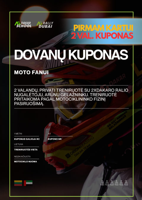 2 val. #AGdakarschool virtualus dovanų kuponas motociklų fanui (motocross, enduro, road-book, rally pamokos)